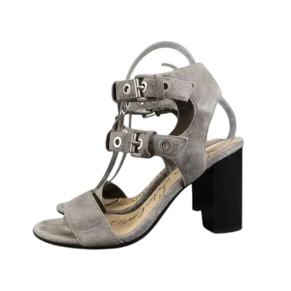 Sam Edelman Shoes Womens 6.5 Heeled Sandals Ankle Straps Leather Block Heel Grey - Picture 2 of 15